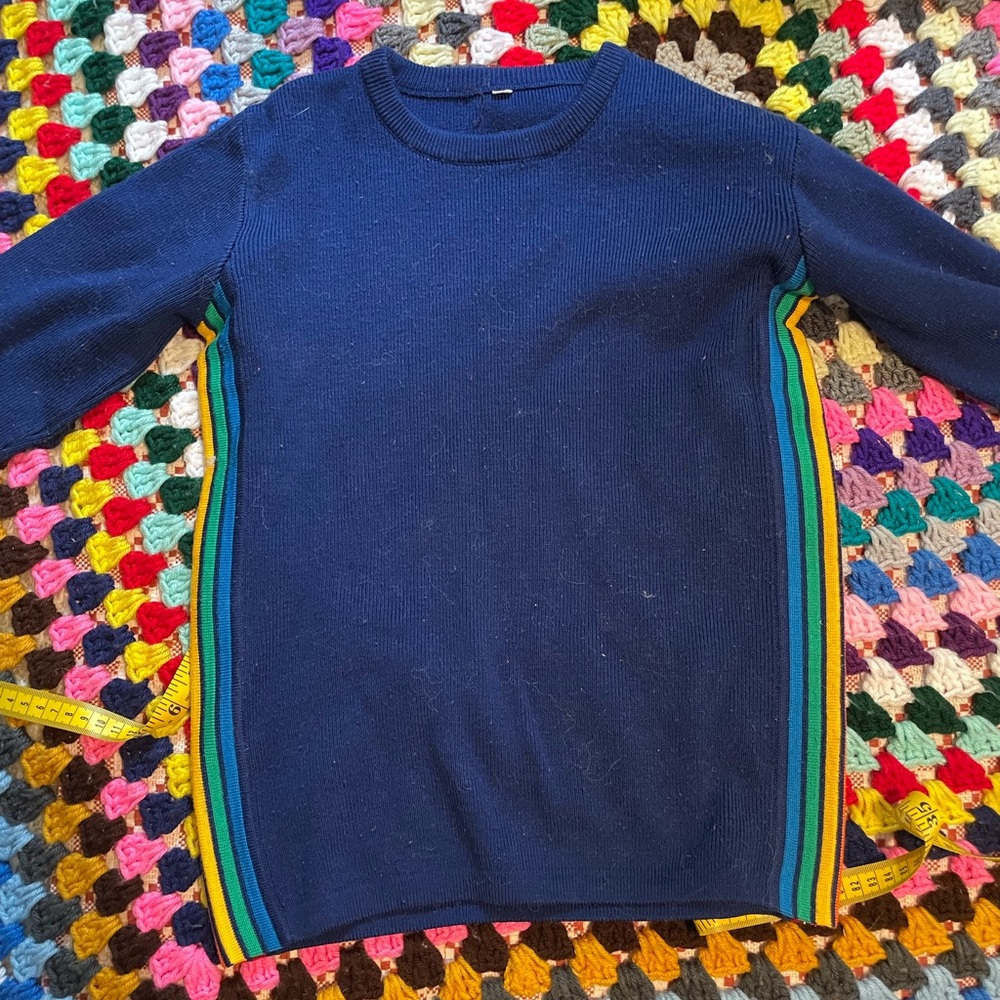 Men's Blue Sweater with Rainbow Striped Accents